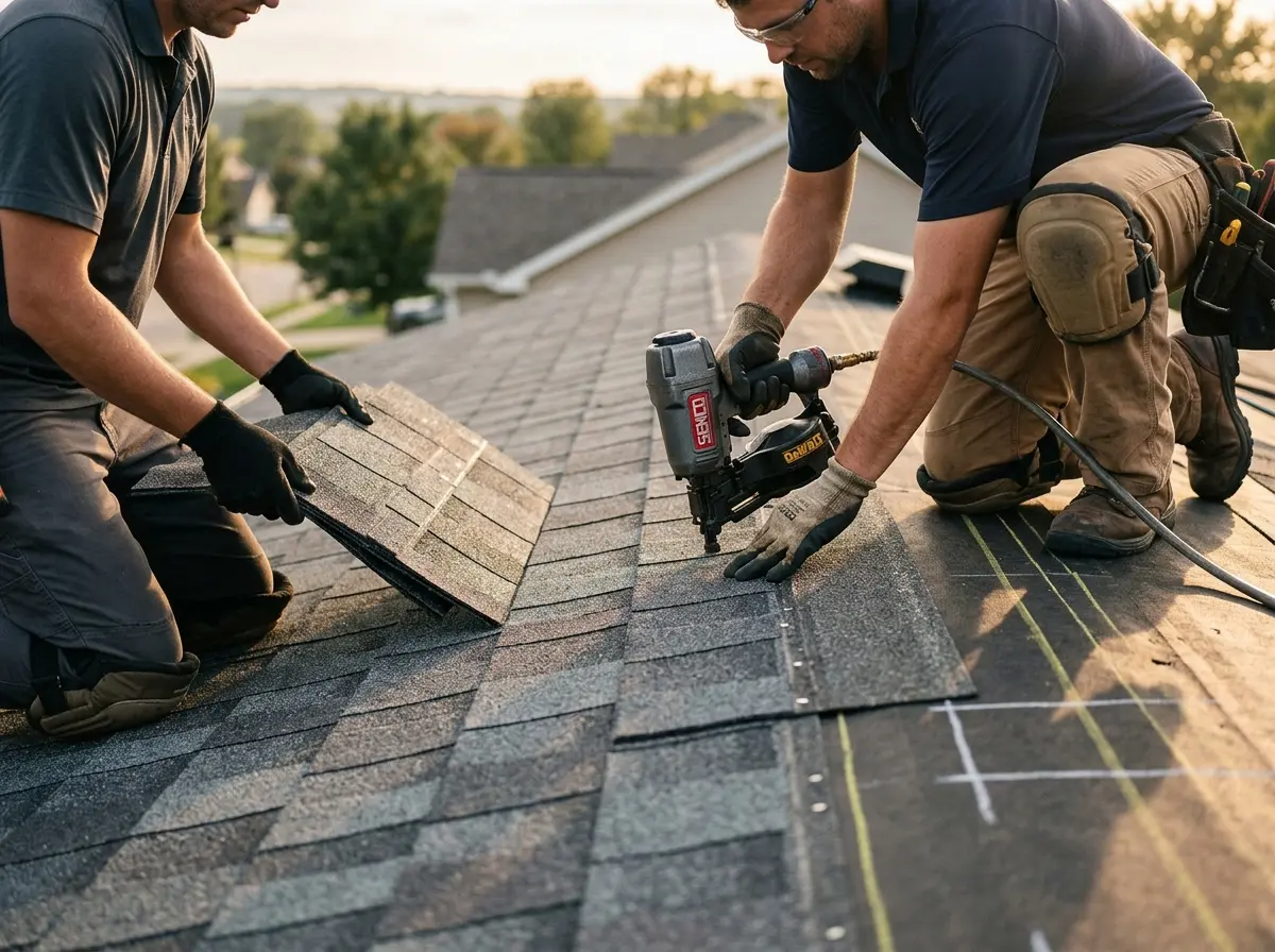 Professional roofer working on a residential roof in North Andover